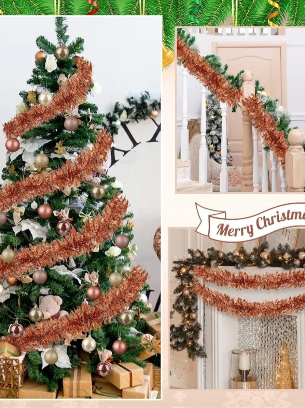 Rose Gold Christmas Tree Tinsel Garland & Ornament Set - Holiday Home Decor. NEW